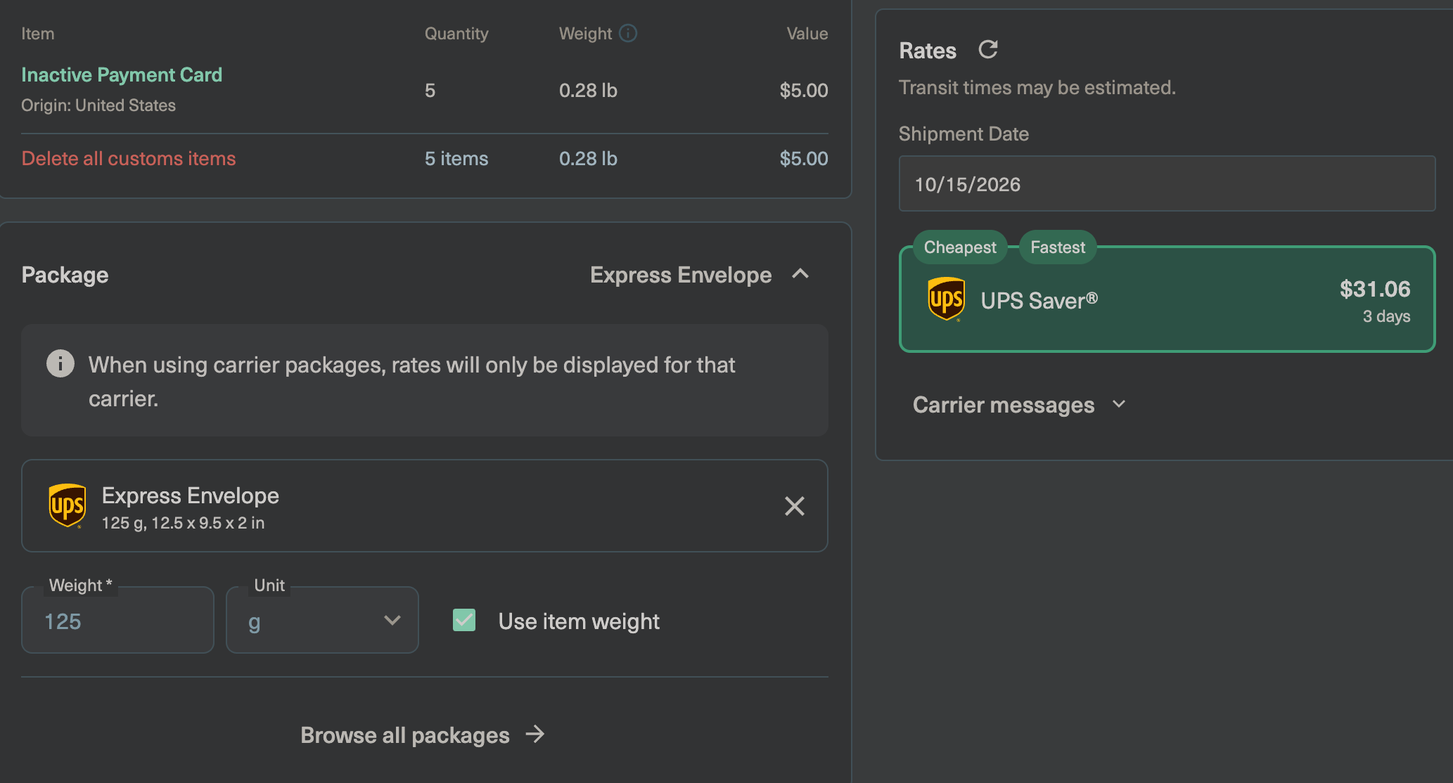 UPS Express Envelope 预设下的报价